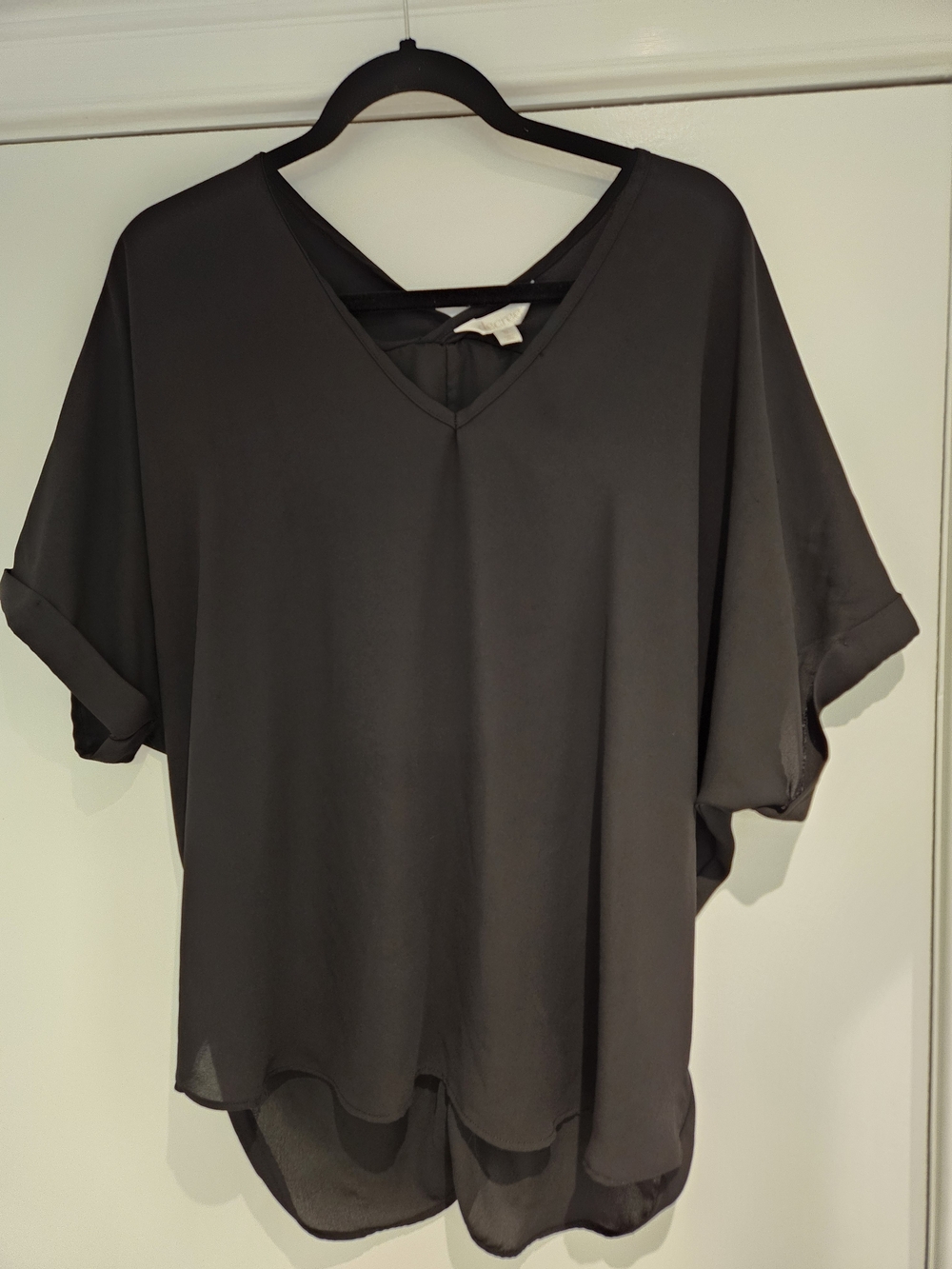 Decree Black V-Neck Short Sleeve Blouse with Back Strap Detail